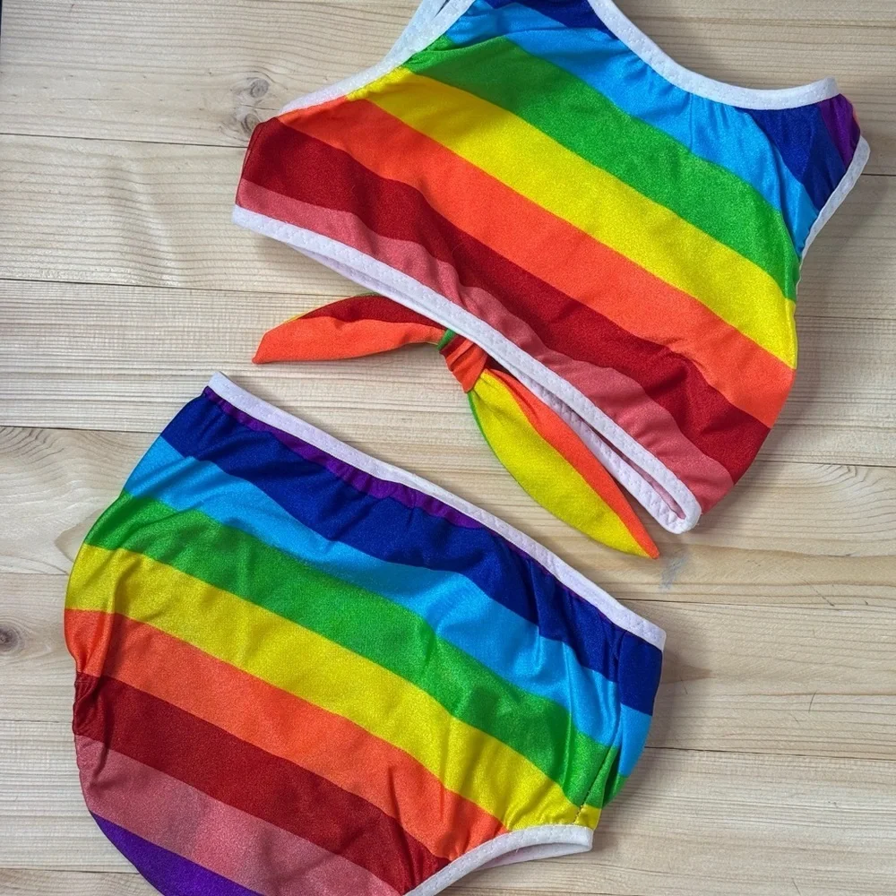Fancy Schmancy Rainbow Bikini 3/4 Girls Two Piece Swim Set Bright Beach Cute